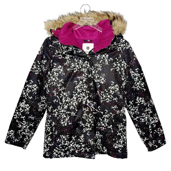 Roxy Other - Roxy Black Floral Dry Flight Girl’s Snowboarding Faux Fur Hooded Jacket Sz XXL